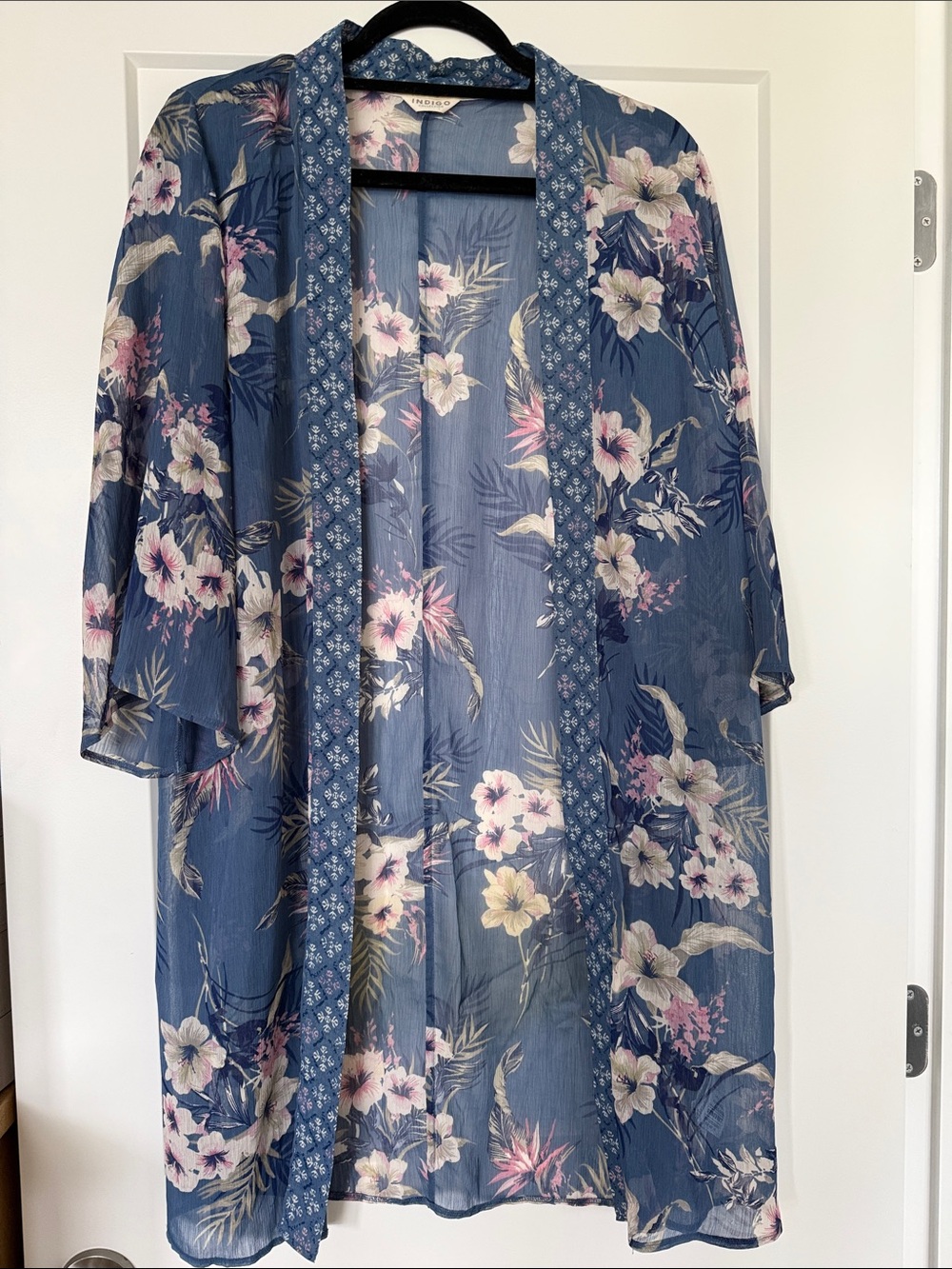 Indigo Floral Kimono Cardigan in Blue and Pink